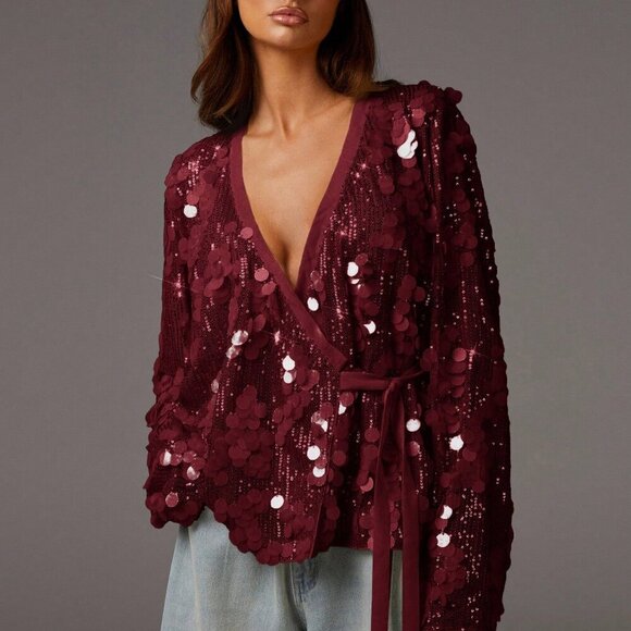 burgundy Party Women's long sleeve sequin Blouses - Picture 1 of 5